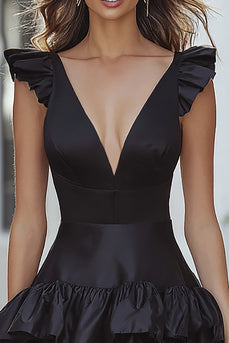 Black Satin Deep V-Neck A-Line Ruffled Short Cocktail Dress