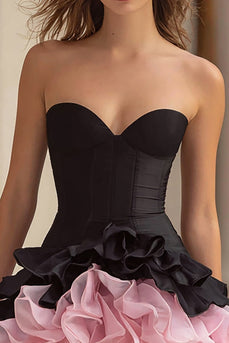 Black and Pink Satin Sweetheart Tiered A-Line Short Corset Cocktail Dress