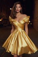 Load image into Gallery viewer, Gold Satin Off the Shoulder Ruched A-Line Short Cocktail Dress