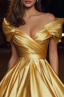 Load image into Gallery viewer, Gold Satin Off the Shoulder Ruched A-Line Short Cocktail Dress
