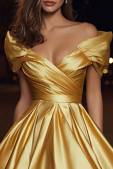 Gold Satin Off the Shoulder Ruched A-Line Short Cocktail Dress