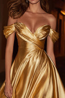 Load image into Gallery viewer, Gold Satin Off the Shoulder Ruched A-Line Short Cocktail Dress