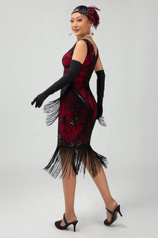 Sparkly Black Red Short Fringed 1920s Dress with 20s Accessories Set