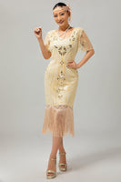 Load image into Gallery viewer, Sparkly Apricot Short Sleeves Sequins 1920s Dress with Fringes