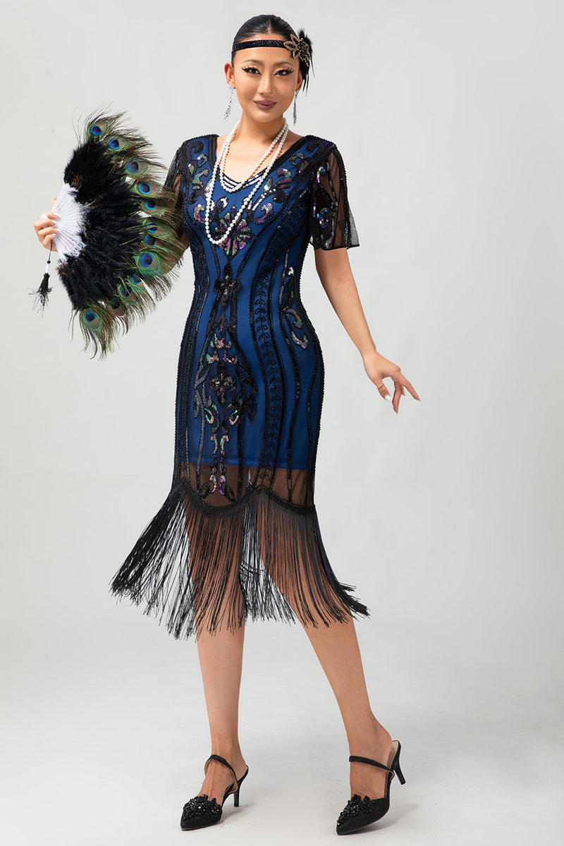 Load image into Gallery viewer, Sparkly Black Blue Short Sleeves Sequins 1920s Dress with Fringes