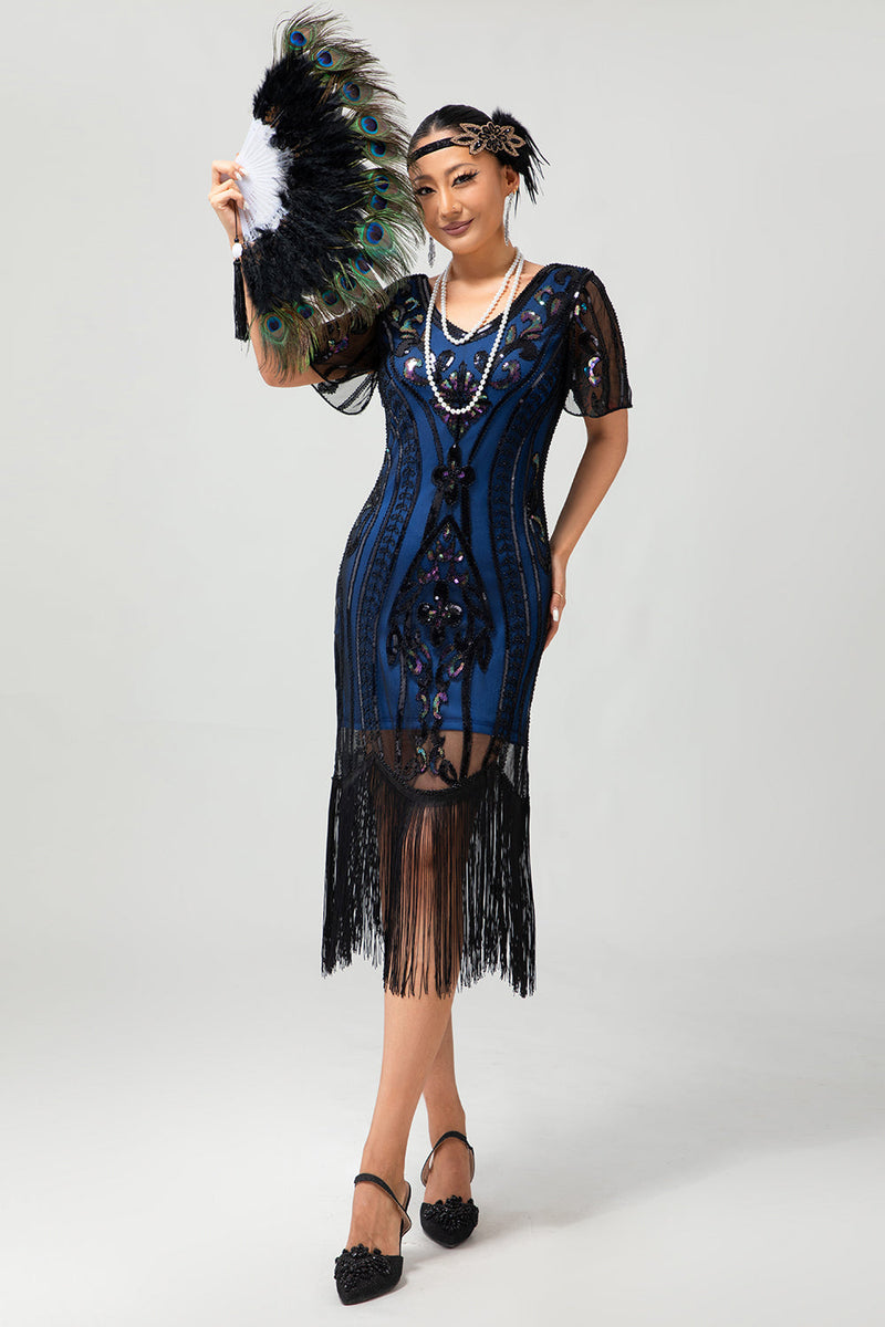 Load image into Gallery viewer, Sparkly Black Blue Short Sleeves Sequins 1920s Dress with Fringes