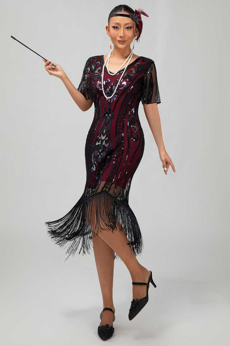Load image into Gallery viewer, Sparkly Black Golden Sequins Bodycon Short 1920s Dress with Sleeves