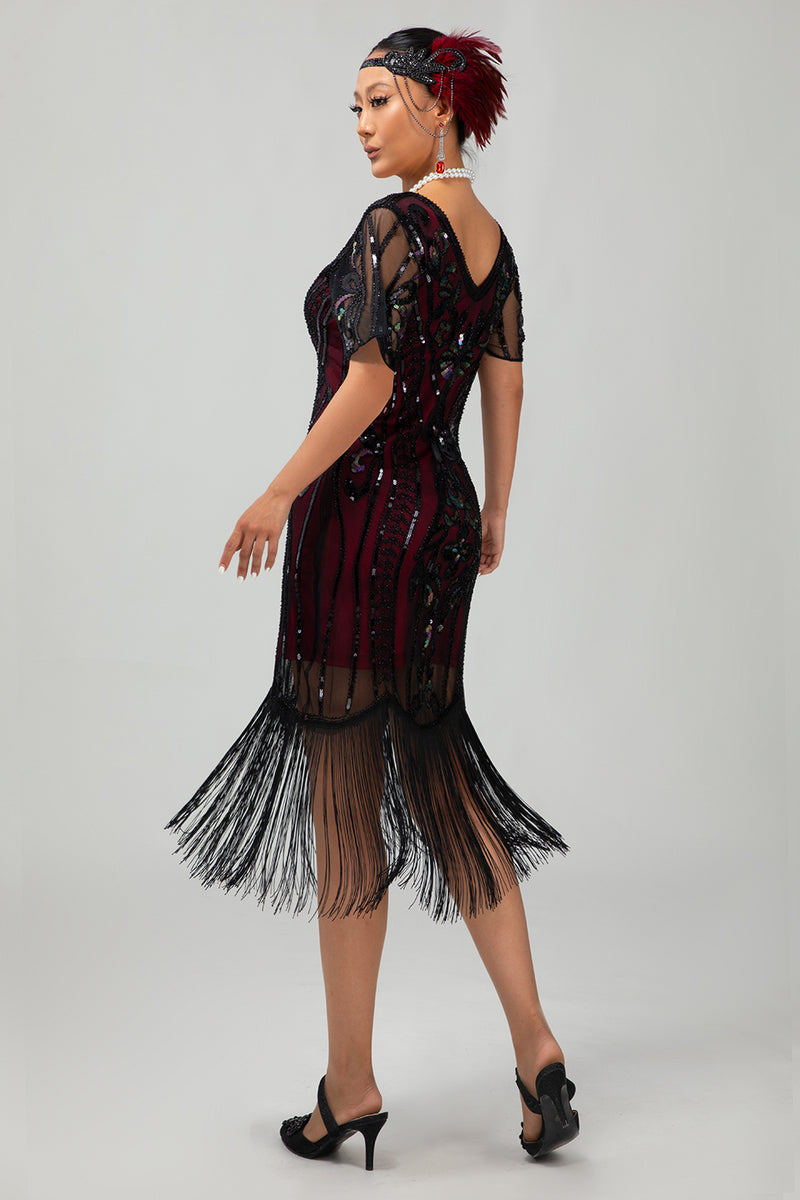 Load image into Gallery viewer, Sparkly Black Golden Sequins Bodycon Short 1920s Dress with Sleeves