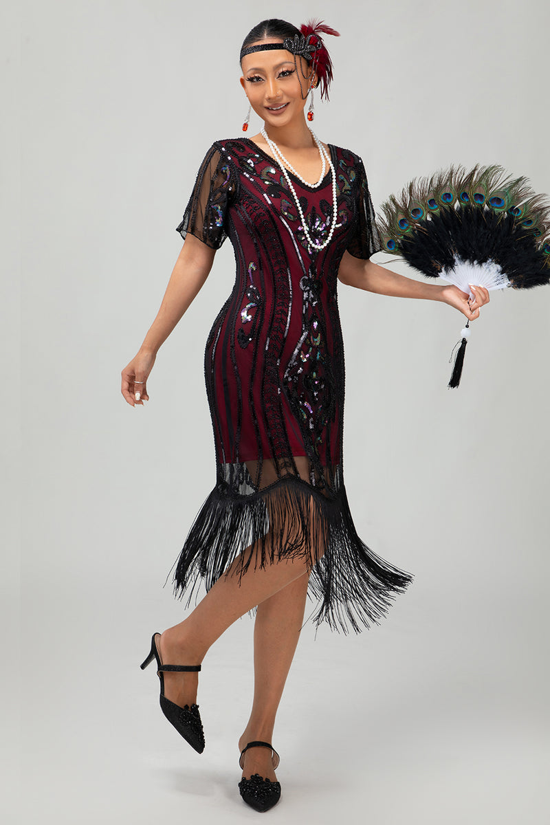 Load image into Gallery viewer, Sparkly Black Golden Sequins Bodycon Short 1920s Dress with Sleeves