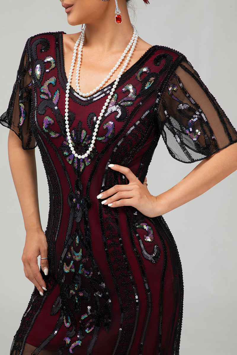Load image into Gallery viewer, Sparkly Black Golden Sequins Bodycon Short 1920s Dress with Sleeves