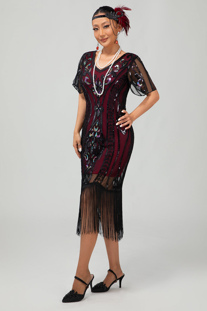 Load image into Gallery viewer, Sparkly Black Golden Sequins Bodycon Short 1920s Dress with Sleeves