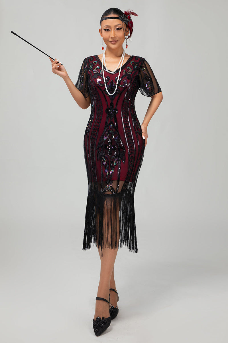 Load image into Gallery viewer, Sparkly Dark Green Bodycon Fringed Short 1920s Dress with Sleeves