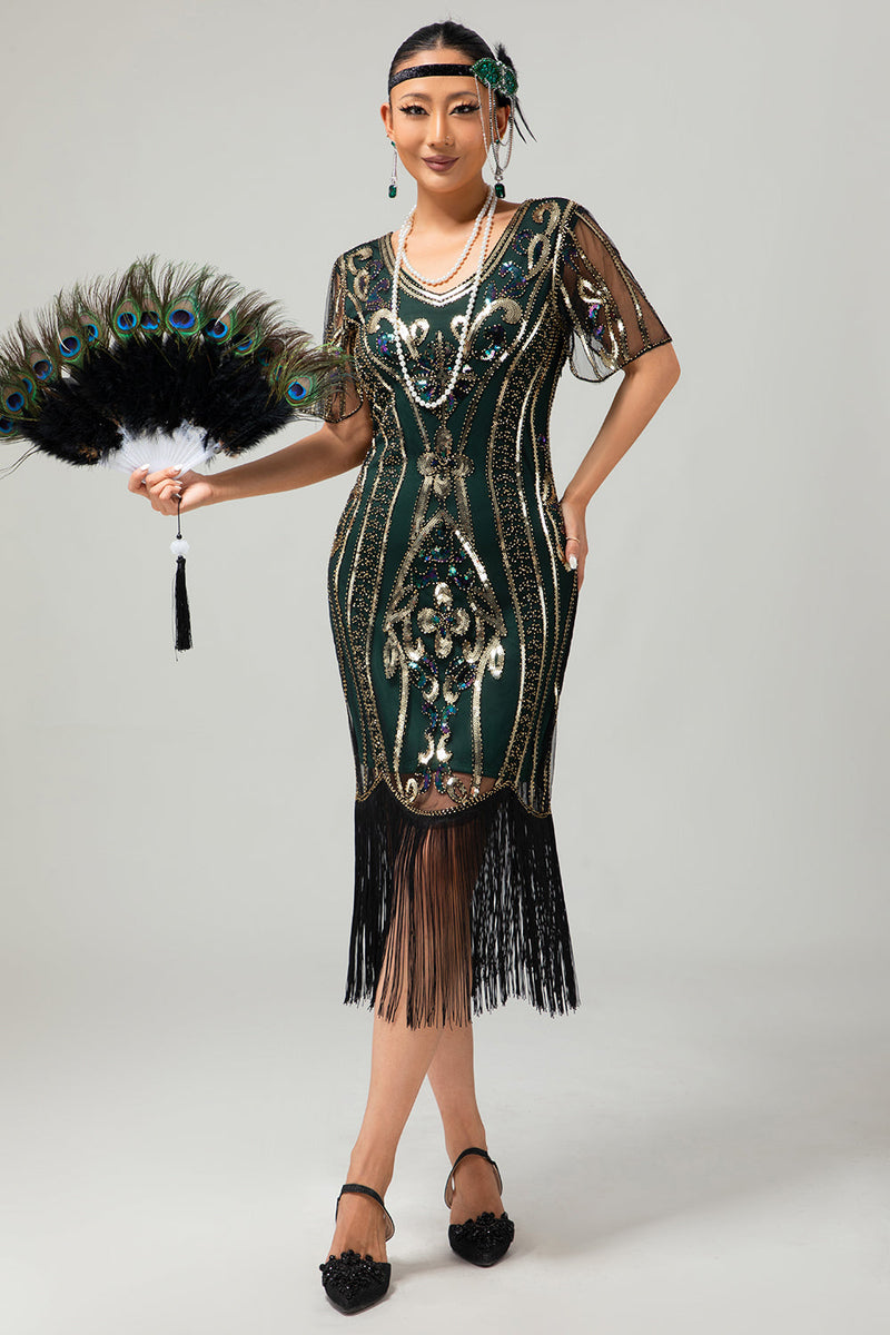 Load image into Gallery viewer, Sparkly Dark Green Bodycon Fringed Short 1920s Dress with Sleeves