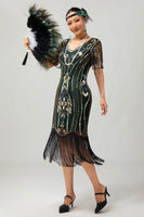 Load image into Gallery viewer, Sparkly Dark Green Bodycon Fringed Short 1920s Dress with Sleeves