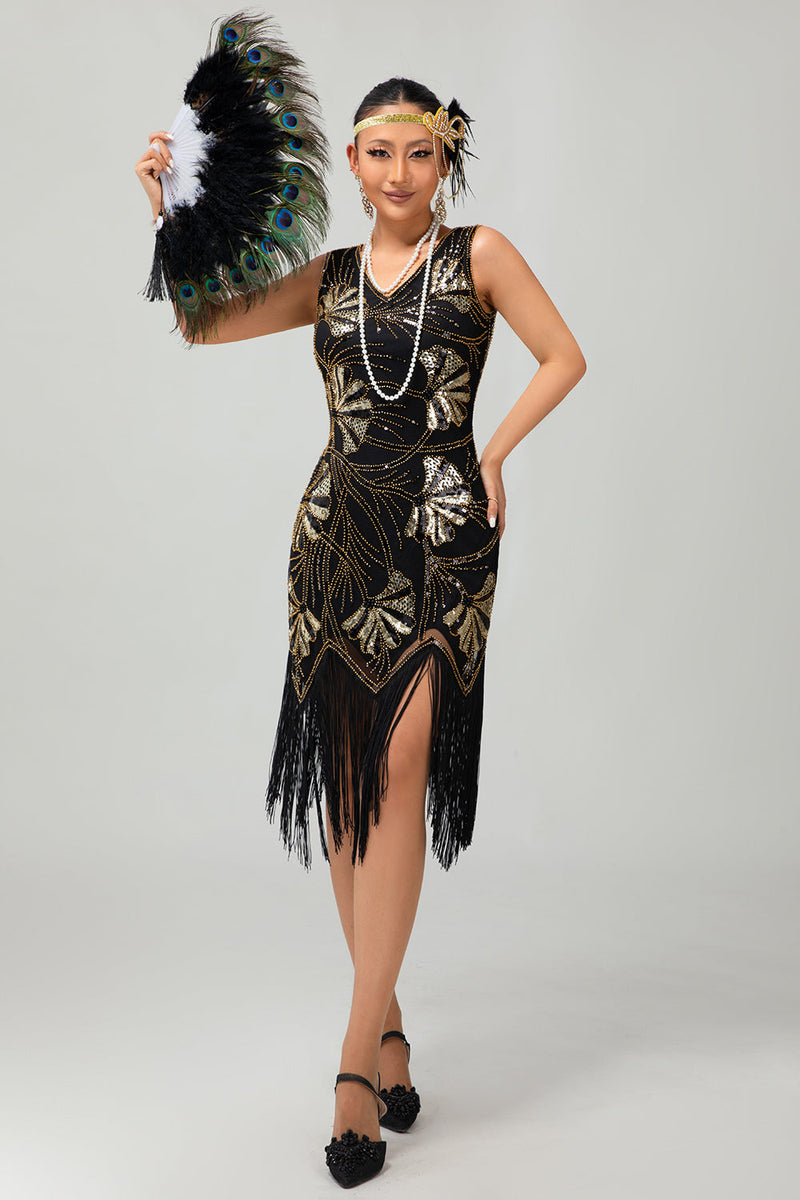 Load image into Gallery viewer, Sparkly Black Golden Fringed Sequins Flapper Dress with Beading
