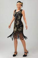 Load image into Gallery viewer, Sparkly Black Golden Fringed Sequins Flapper Dress with Beading