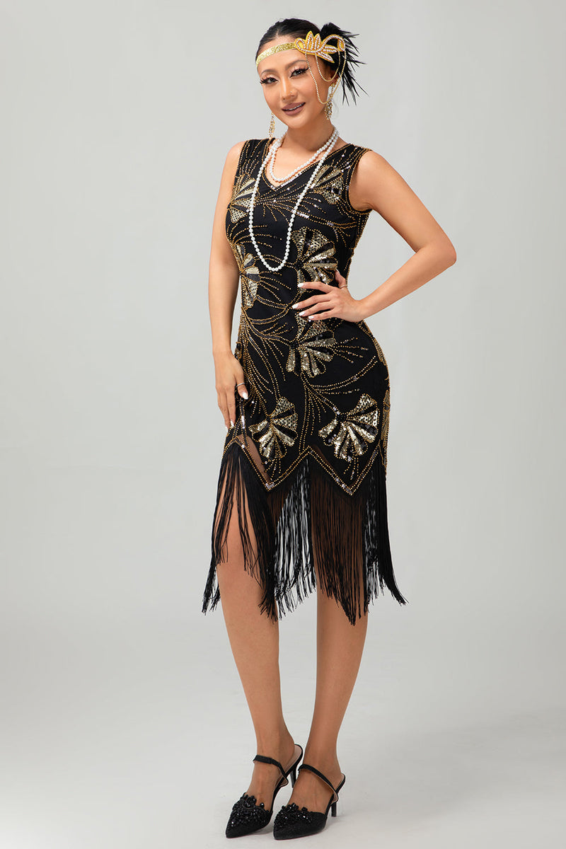 Load image into Gallery viewer, Sparkly Black Golden Fringed Sequins Flapper Dress with Beading