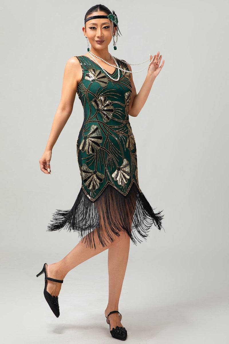 Load image into Gallery viewer, Sparkly Green Golden Bodycon Fringed Short 1920s Dress with Sequins