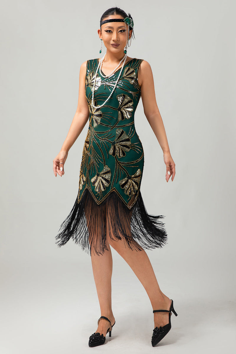 Load image into Gallery viewer, Sparkly Green Golden Bodycon Fringed Short 1920s Dress with Sequins
