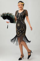 Load image into Gallery viewer, Sparkly Black Silver Short Sleeves Sequins Flapper Dress with Fringes