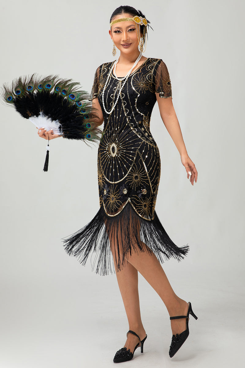 Load image into Gallery viewer, Sparkly Black Silver Short Sleeves Sequins Flapper Dress with Fringes