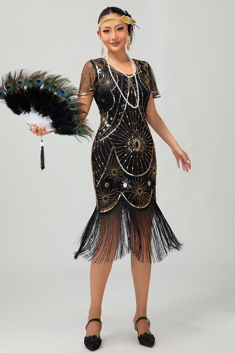 Load image into Gallery viewer, Sparkly Black Silver Short Sleeves Sequins Flapper Dress with Fringes
