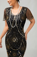 Load image into Gallery viewer, Sparkly Black Silver Short Sleeves Sequins Flapper Dress with Fringes