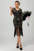Load image into Gallery viewer, Sparkly Black Golden Scoop Neck Sequins Flapper Dress with Fringes