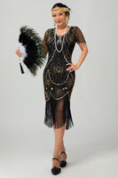Load image into Gallery viewer, Sparkly Black Silver Short Sleeves Sequins Flapper Dress with Fringes