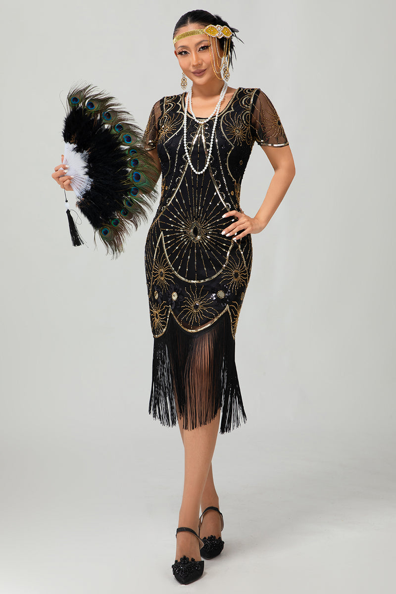 Load image into Gallery viewer, Sparkly Black Silver Short Sleeves Sequins Flapper Dress with Fringes