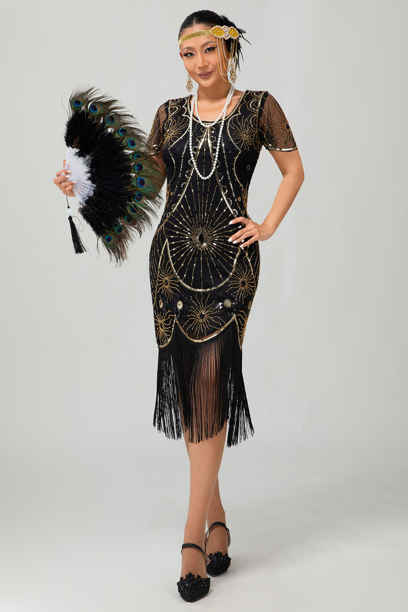 Load image into Gallery viewer, Sparkly Black Golden Scoop Neck Sequins Flapper Dress with Fringes