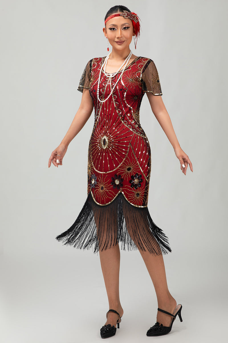 Load image into Gallery viewer, Sparkly Black Golden Scoop Neck Sequins Flapper Dress with Fringes