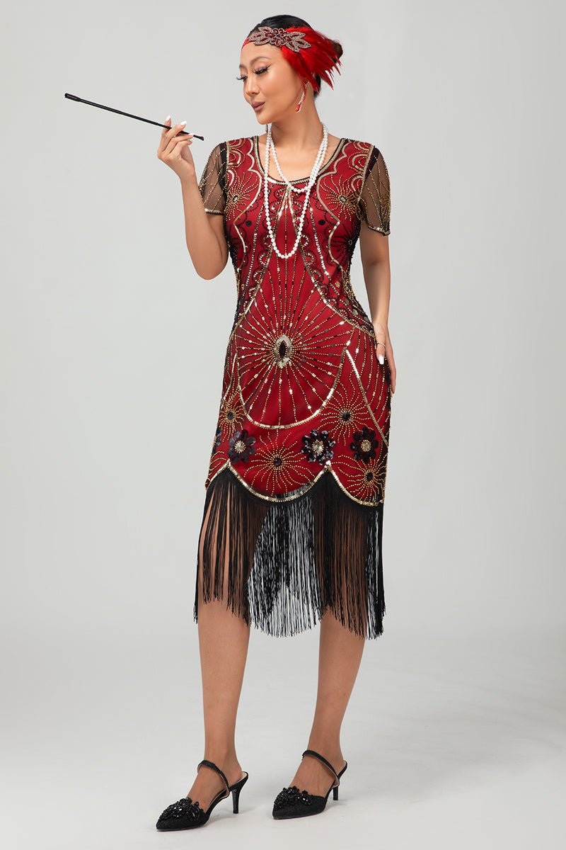 Load image into Gallery viewer, Sparkly Black Golden Scoop Neck Sequins Flapper Dress with Fringes