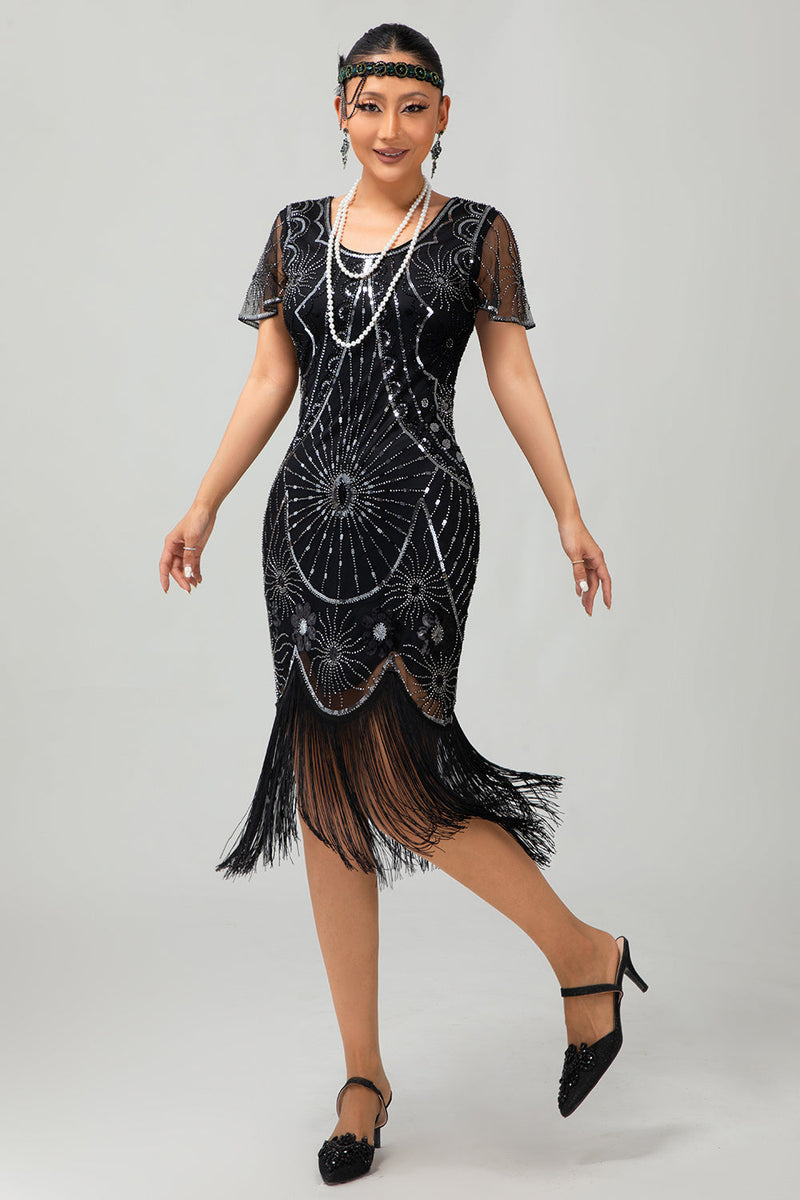 Load image into Gallery viewer, Sparkly Black Silver Short Sleeves Sequins Flapper Dress with Fringes
