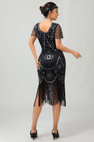 Load image into Gallery viewer, Sparkly Black Silver Short Sleeves Sequins Flapper Dress with Fringes