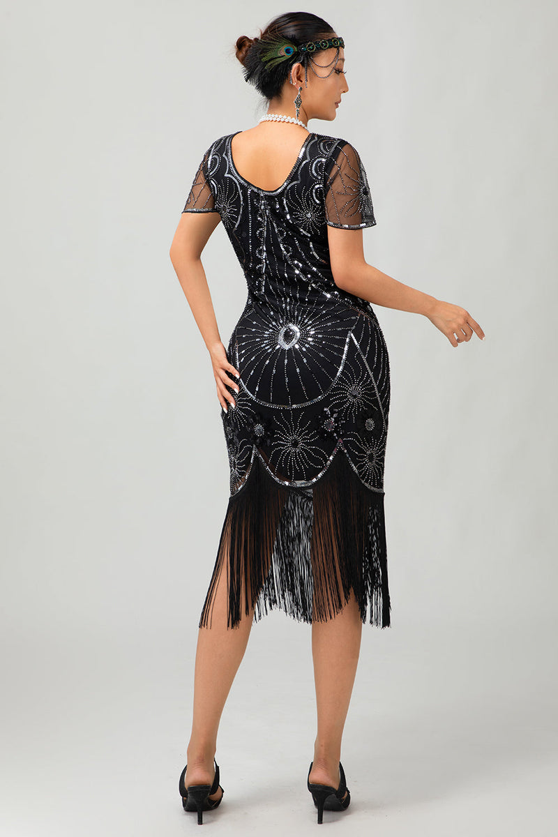 Load image into Gallery viewer, Sparkly Black Silver Short Sleeves Sequins Flapper Dress with Fringes
