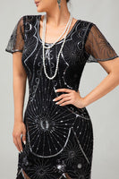 Load image into Gallery viewer, Sparkly Black Red Sequined Fringed Short 1920s Dress with Sleeves