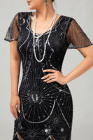 Load image into Gallery viewer, Sparkly Black Silver Short Sleeves Sequins Flapper Dress with Fringes