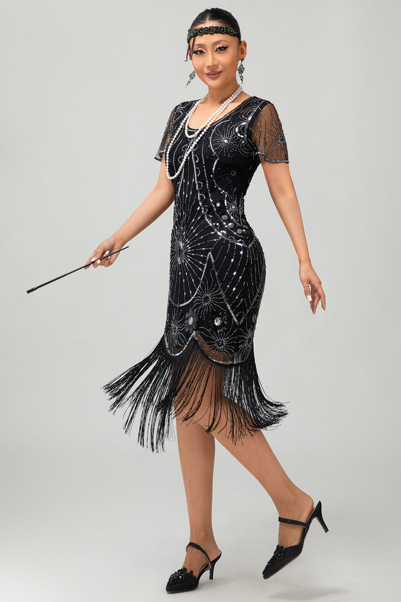 Load image into Gallery viewer, Sparkly Black Golden Scoop Neck Sequins Flapper Dress with Fringes