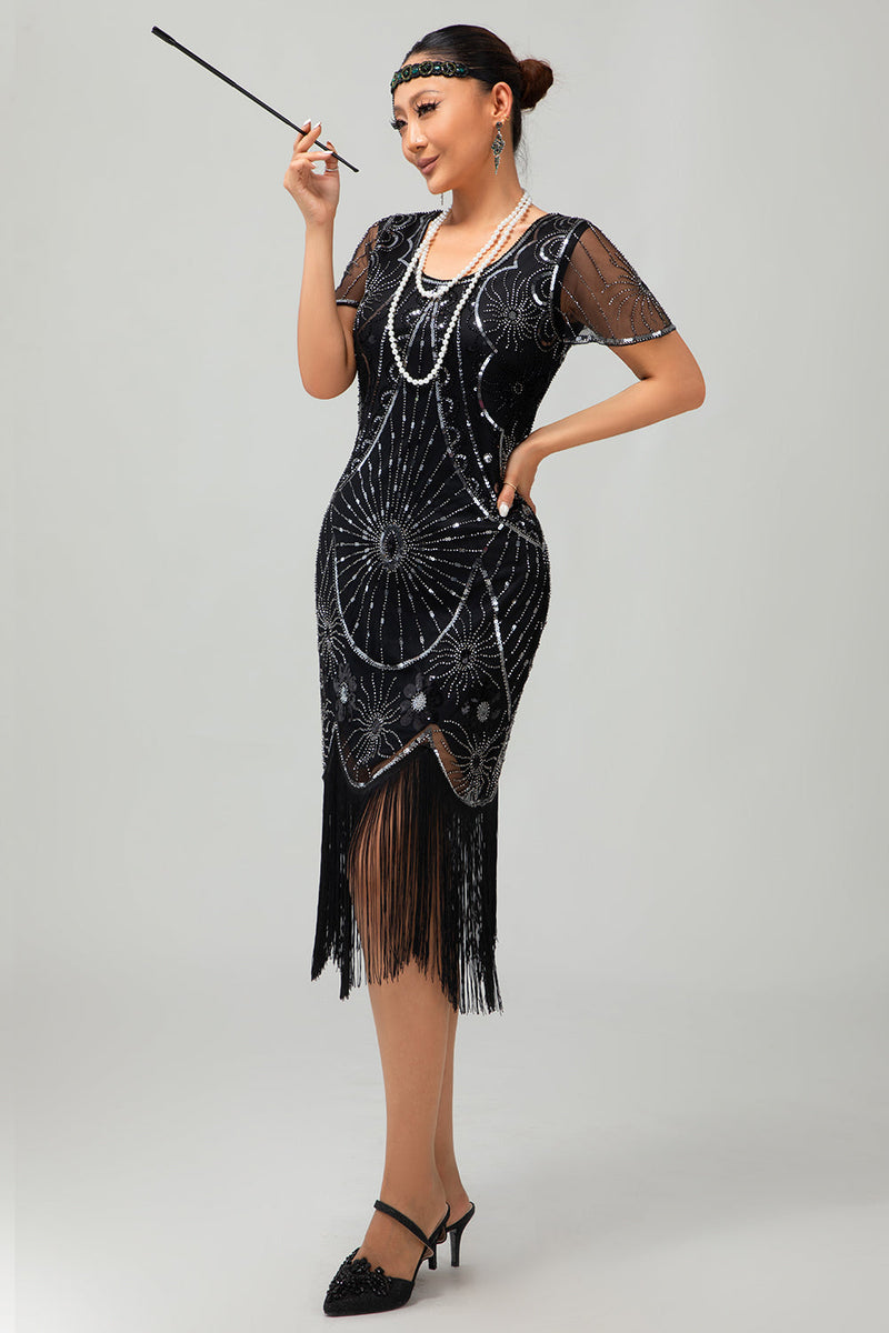 Load image into Gallery viewer, Sparkly Black Silver Short Sleeves Sequins Flapper Dress with Fringes