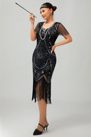 Load image into Gallery viewer, Sparkly Black Golden Scoop Neck Sequins Flapper Dress with Fringes