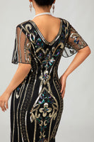 Load image into Gallery viewer, Sparkly Black Blue Short Sleeves Sequins 1920s Dress with Fringes
