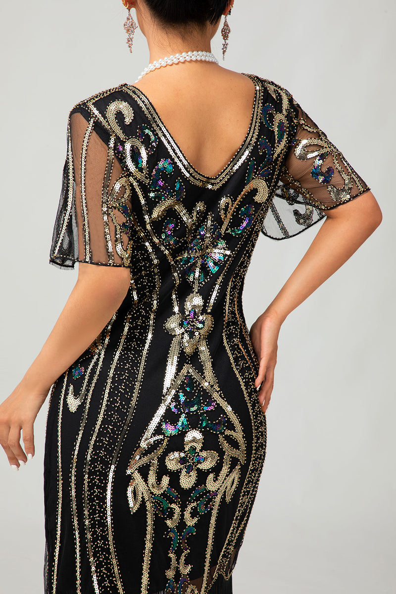 Load image into Gallery viewer, Sparkly Black Blue Short Sleeves Sequins 1920s Dress with Fringes