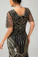 Load image into Gallery viewer, Sparkly Black Silver Fringed Bodycon Flapper Dress with Sleeves