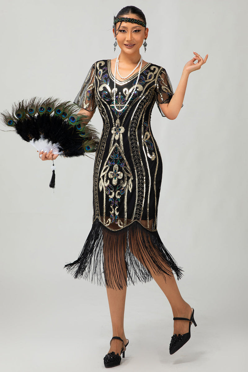 Load image into Gallery viewer, Sparkly Black Blue Short Sleeves Sequins 1920s Dress with Fringes