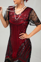 Load image into Gallery viewer, Sparkly Black Red Fringed Bodycon Flapper Dress with Sleeves