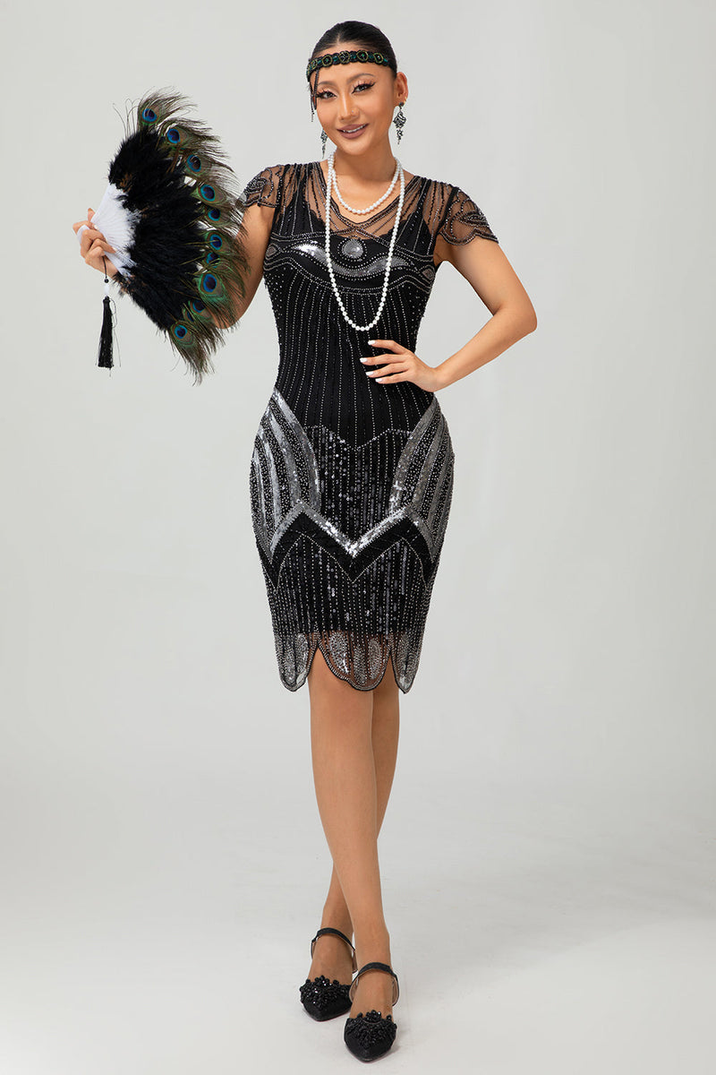 Load image into Gallery viewer, Sparkly Black Silver Bodycon Sequins Flapper Dress with Beading