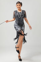 Load image into Gallery viewer, Sparkly Black Silver Fringed Bodycon Flapper Dress with Sleeves