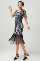 Load image into Gallery viewer, Sparkly Black Silver Fringed Bodycon Flapper Dress with Sleeves