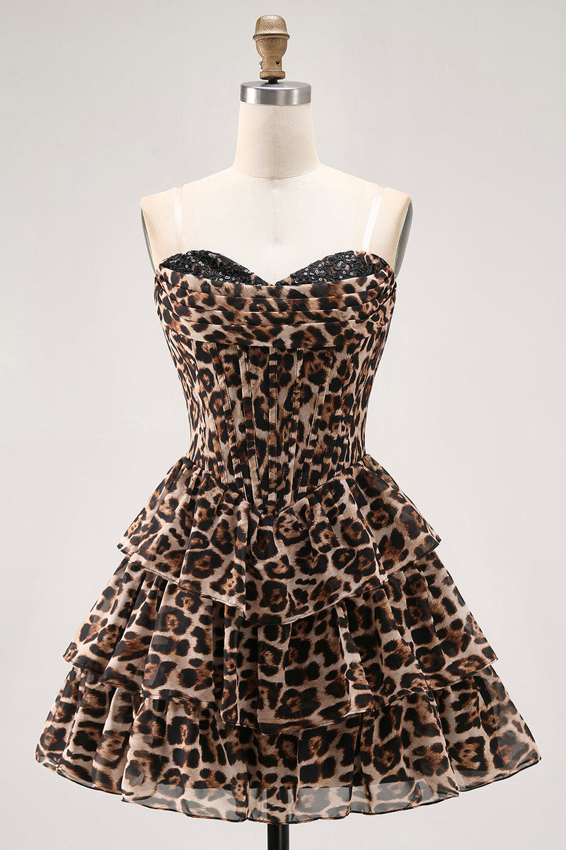 Load image into Gallery viewer, Brown Sweetheart Leopard Tiered Short Corset Prom Dress